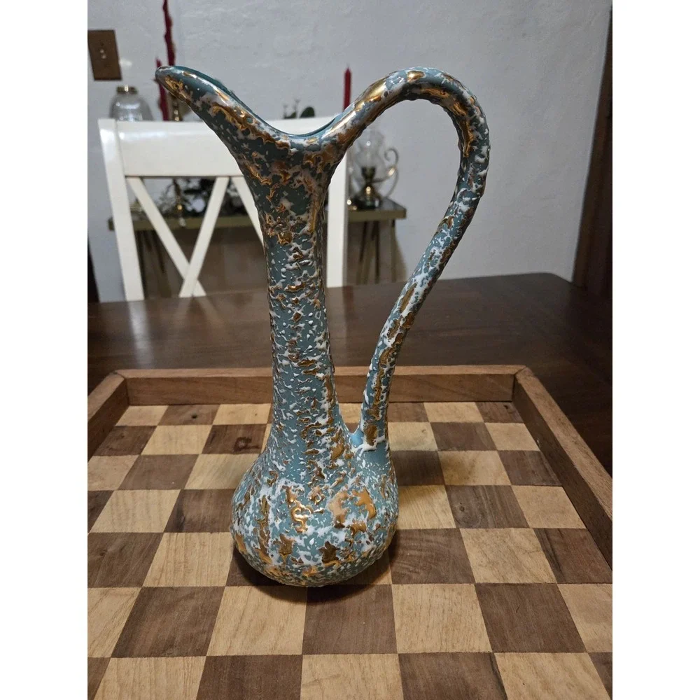 Vintage Mcm Teal And Gold Splatter Ceramic Pitcher, Mod, Genie Like